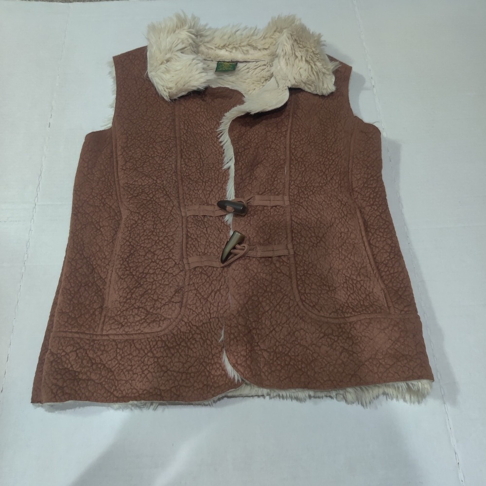Cabela's Brown Faux Shearling Vest with Cream Trim